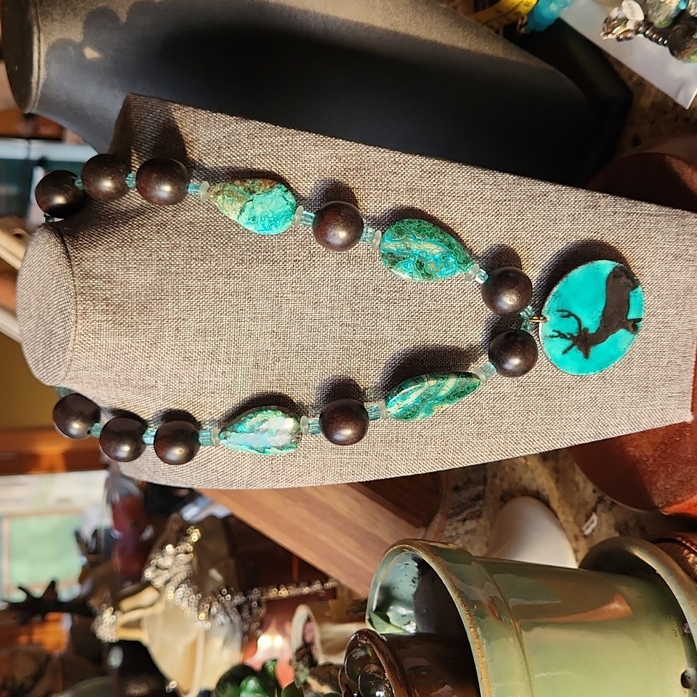 Artisan made Necklace in teal and wood
